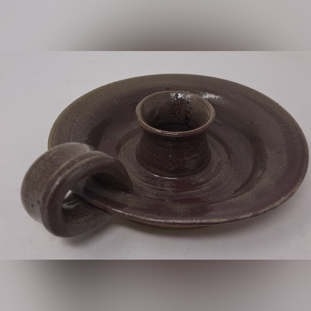 Vintage Candle Holder Candlestick Finger Loop Drip Bowl Signed Ceramic Pottery - Picture 9 of 11